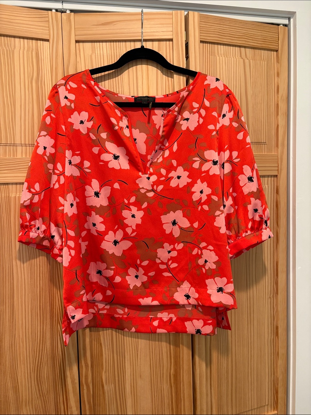 Donna Karan Coral-Red “Costal Garden” Floral V-Slit Blouse